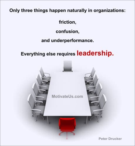 Leadership quote by Peter Drucker and a big conference table
