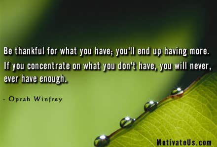 green leaf w/droplets and a quote about being thankful by Oprah Winfrey