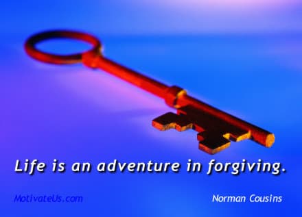 Forgiveness - you do it for you picture of a key and a quote by Norman Cousins: Life is an adventure in forgiving.