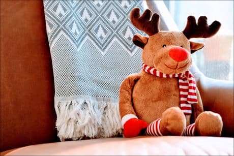 stuffed animal that looks like Rudolph the red-nosed reindeer